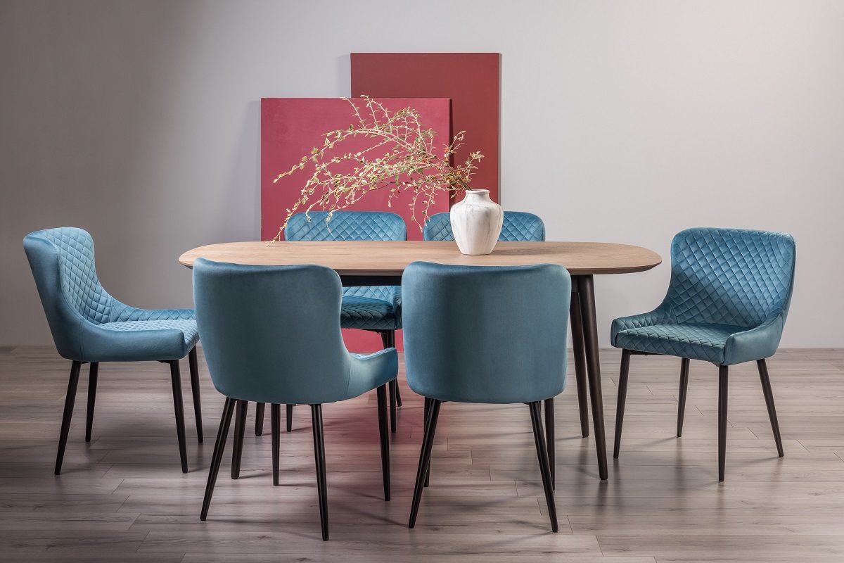 Tuxen Weathered Oak 6 Seater Dining Table & 6 Cezanne Chairs in Petrol Blue Velvet Fabric with Black Legs