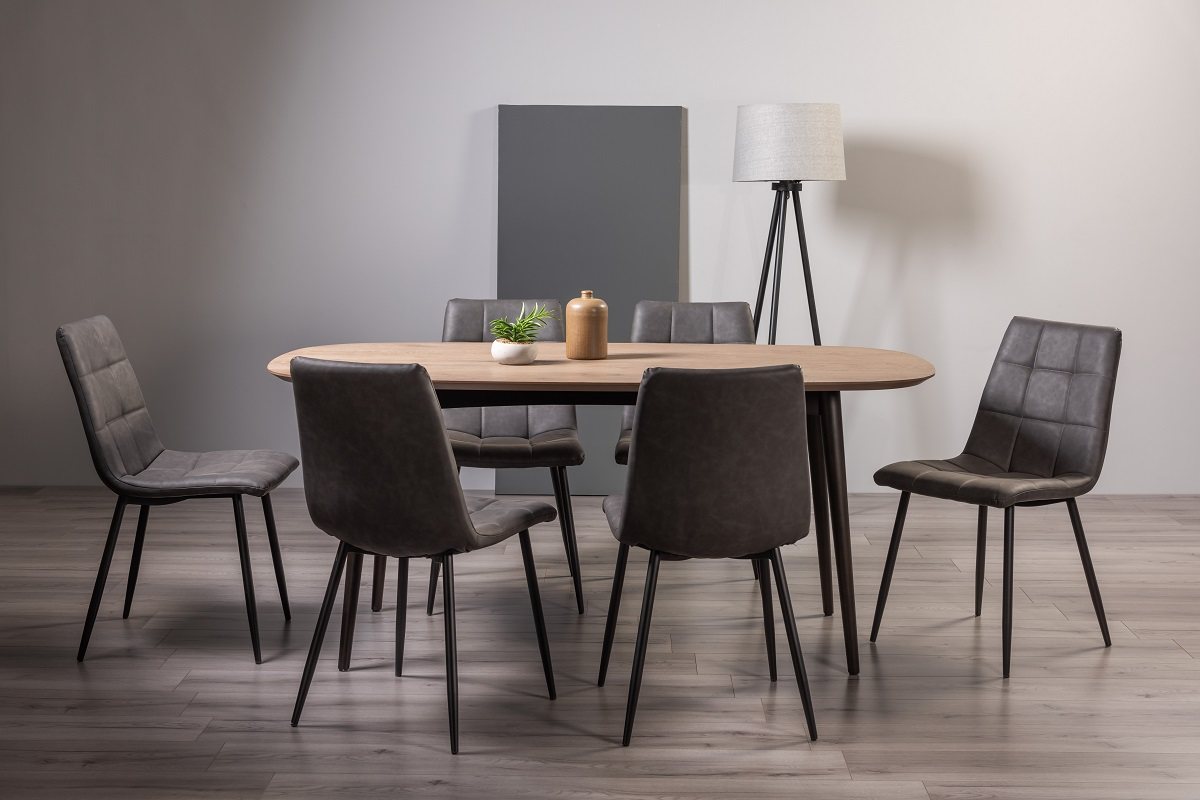 Tuxen Weathered Oak 6 Seater Dining Table & 6 Mondrian Dark Grey Faux Leather Chairs
