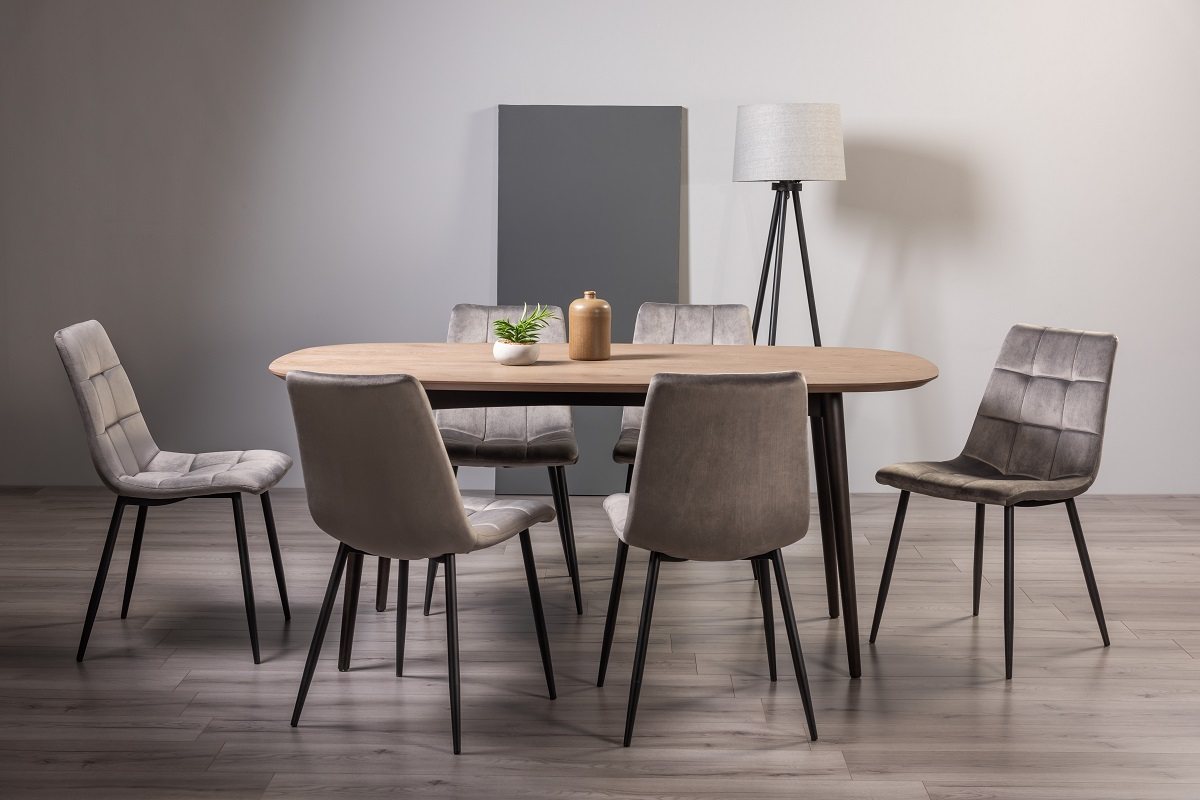 Tuxen Weathered Oak 6 Seater Dining Table & 6 Mondrian Grey Velvet Fabric Chairs