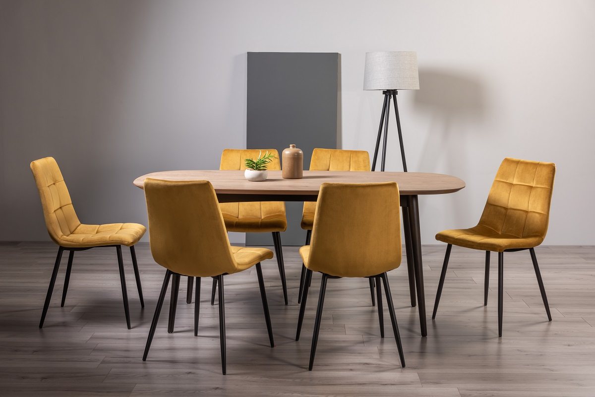 Tuxen Weathered Oak 6 Seater Dining Table & 6 Mondrian Mustard Velvet Fabric Chairs