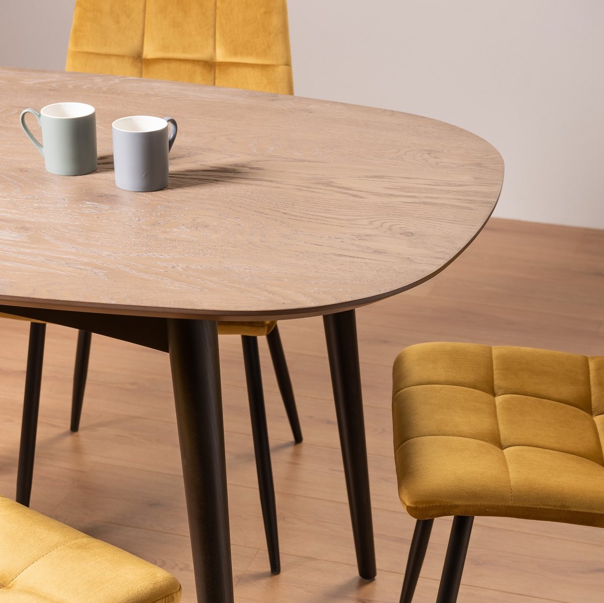 Tuxen - Weathered Oak 6 Seater Dining Table & 6 Mustard Velvet Mondrian Dining Chairs