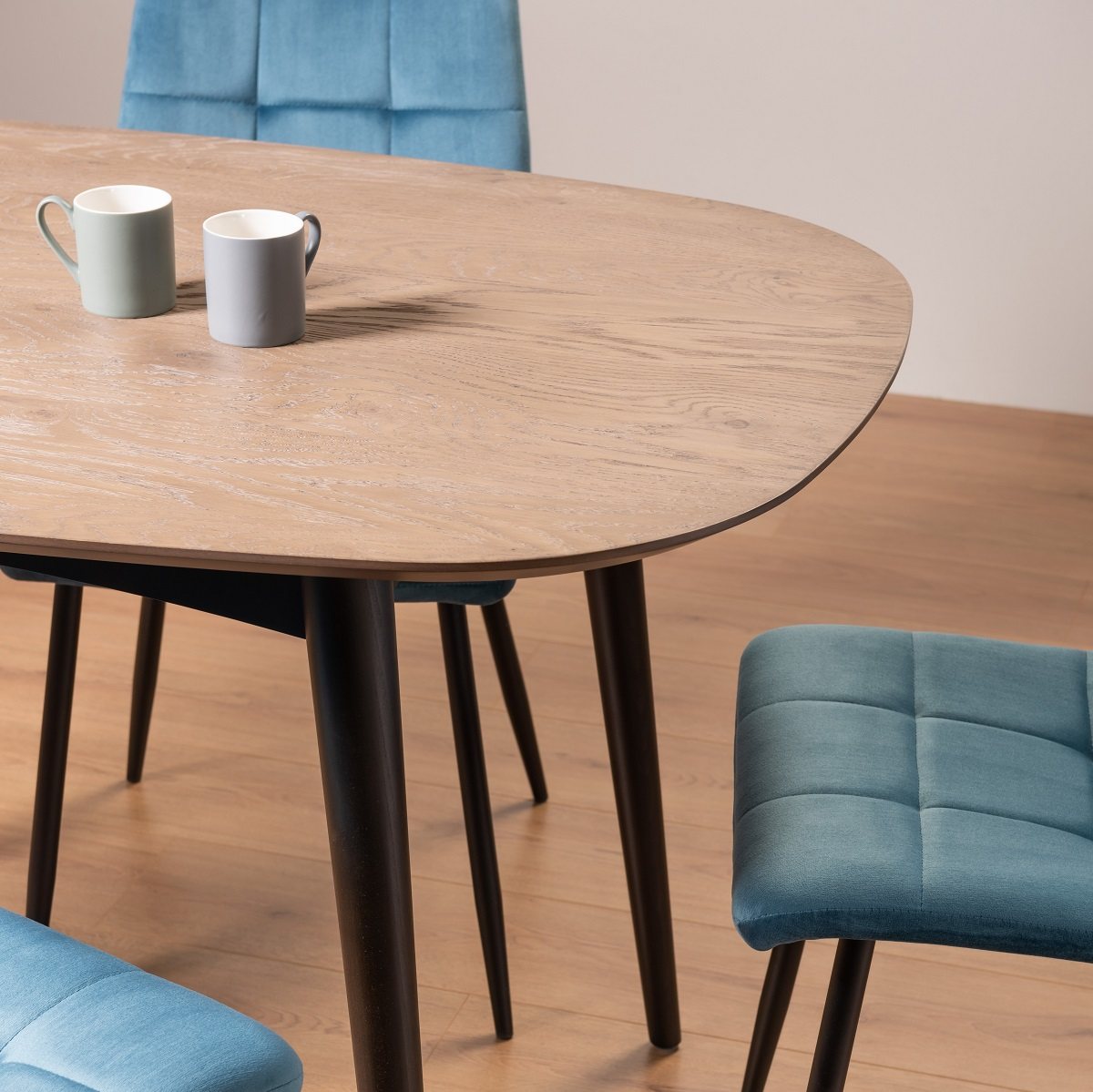 Tuxen - Weathered Oak 6 Seater Dining Table & 6 Blue Velvet Mondrian Dining Chairs