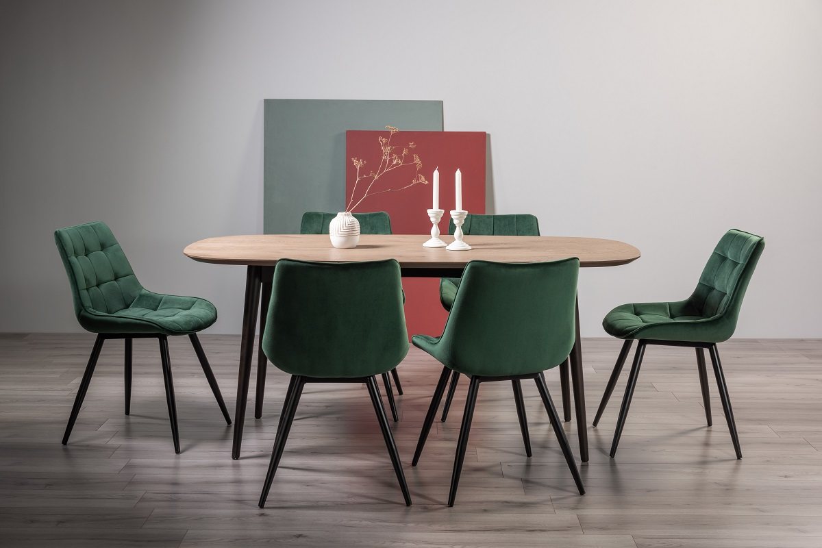 Tuxen Weathered Oak 6 Seater Dining Table & 6 Seurat Green Velvet Fabric Chairs