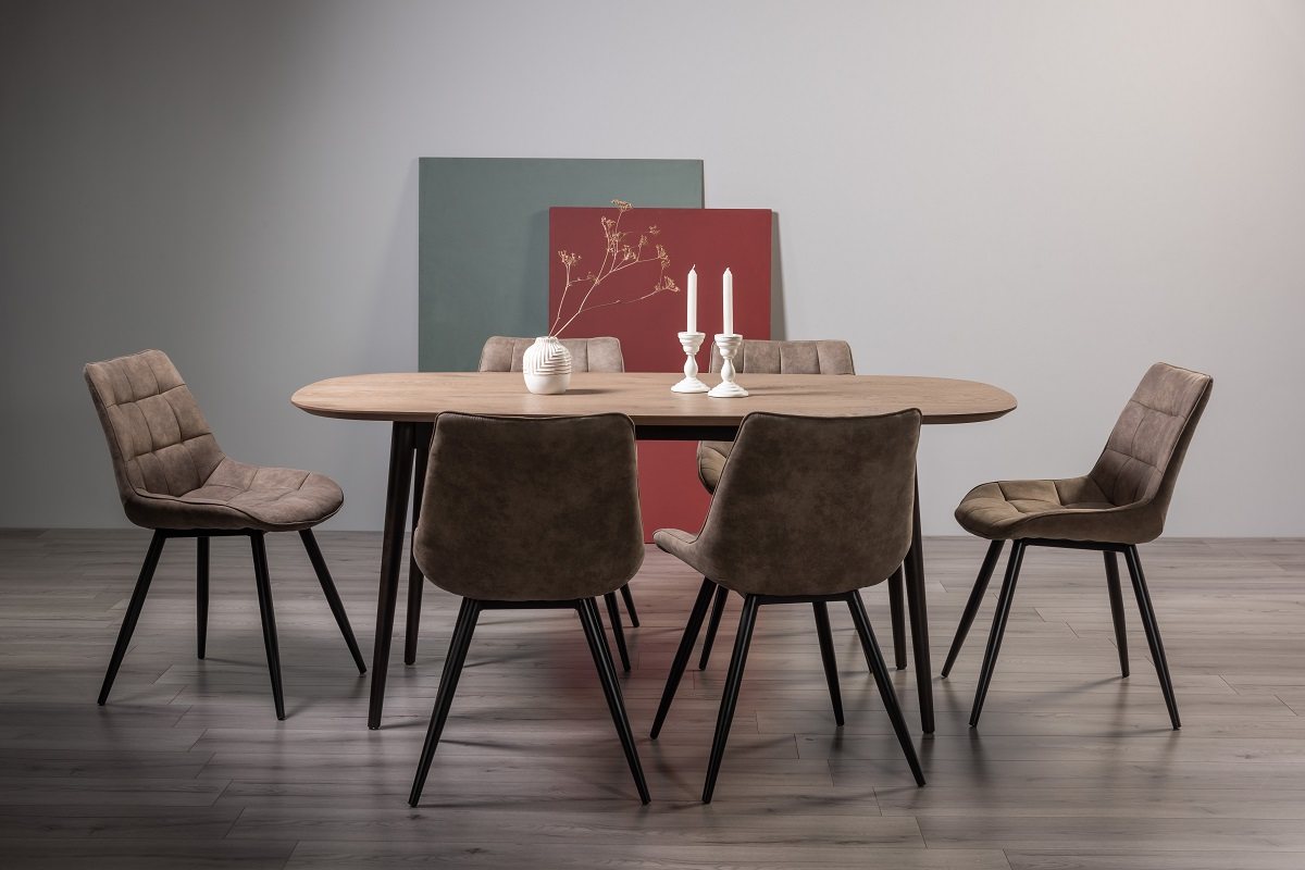 Tuxen Weathered Oak 6 Seater Dining Table & 6 Seurat Tan Faux Suede Chairs