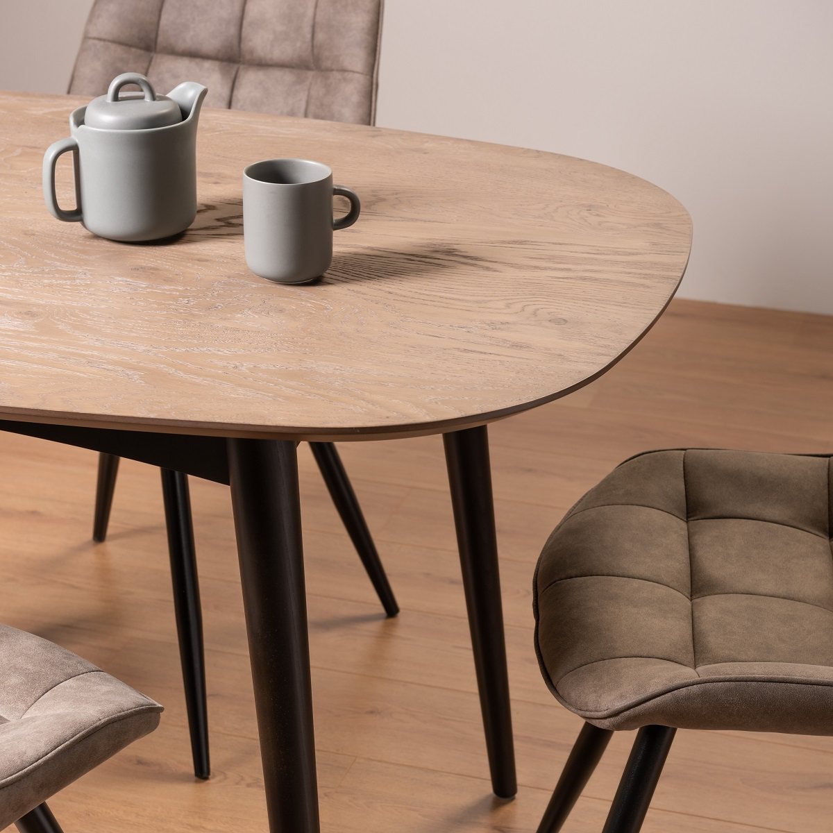 Tuxen - Weathered Oak 6 Seater Dining Table & 6 Tan Faux Suede Seurat Dining Chairs