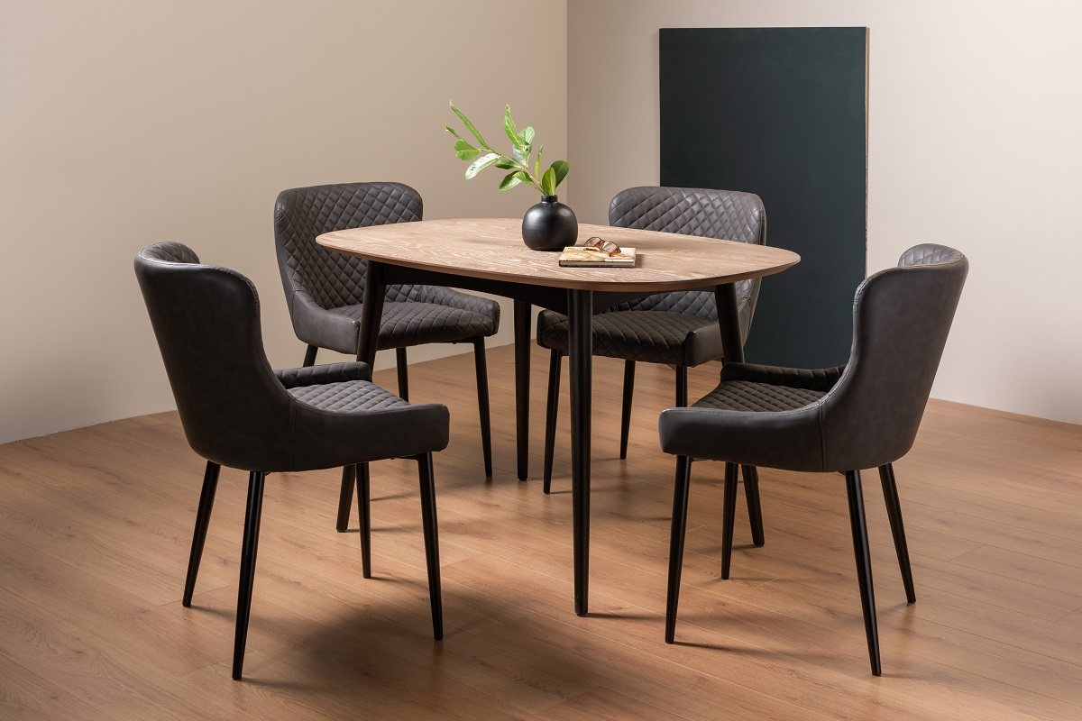 Tuxen Weathered Oak 4 Seater Dining Table & 4 Cezanne Chairs in Dark Grey Faux Leather with Black Legs
