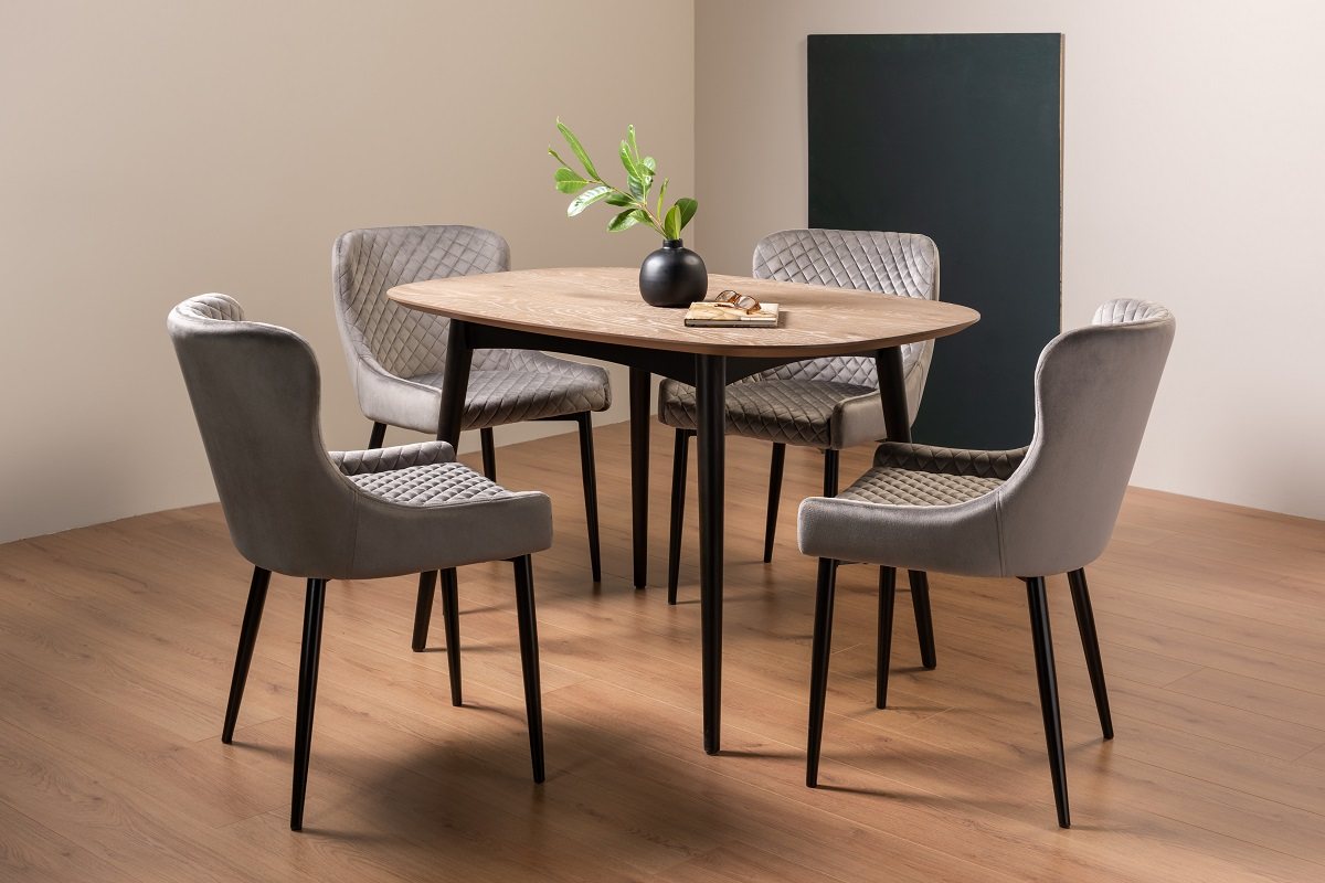 Tuxen Weathered Oak 4 Seater Dining Table & 4 Cezanne Chairs in Grey Velvet Fabric with Black Legs
