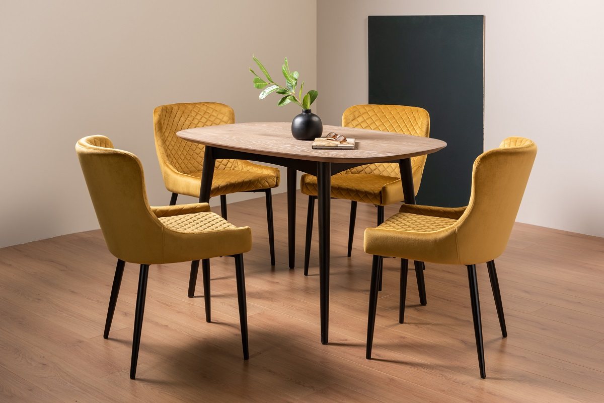 Tuxen Weathered Oak 4 Seater Dining Table & 4 Cezanne Chairs in Mustard Velvet Fabric with Black Legs
