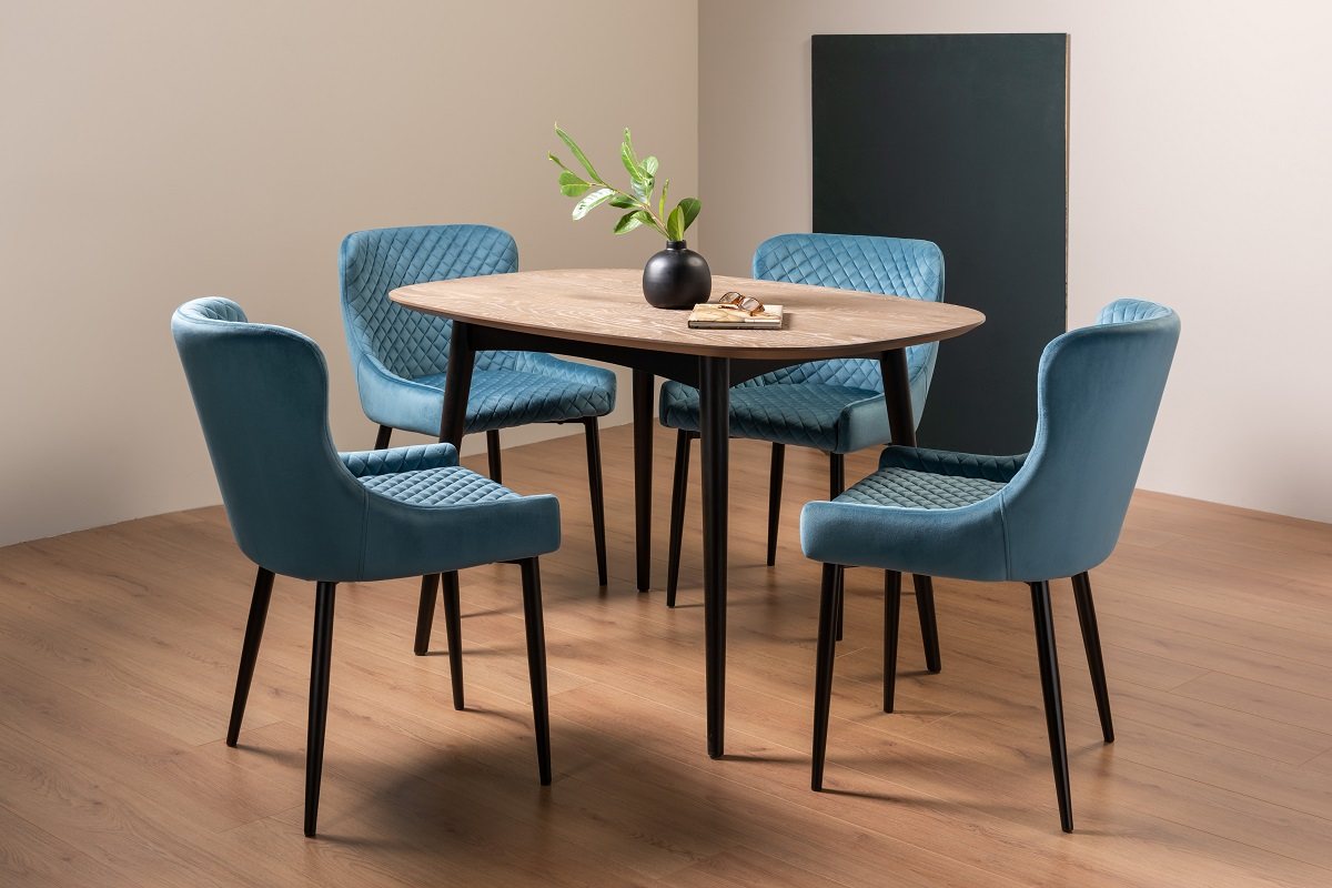 Tuxen Weathered Oak 4 Seater Dining Table & 4 Cezanne Chairs in Petrol Blue Velvet Fabric with Black Legs