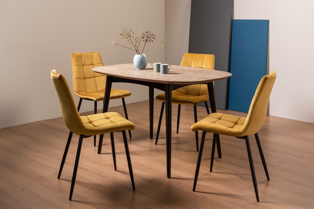 Tuxen Weathered Oak 4 Seater Dining Table & 4 Mondrian Mustard Velvet Fabric Chairs