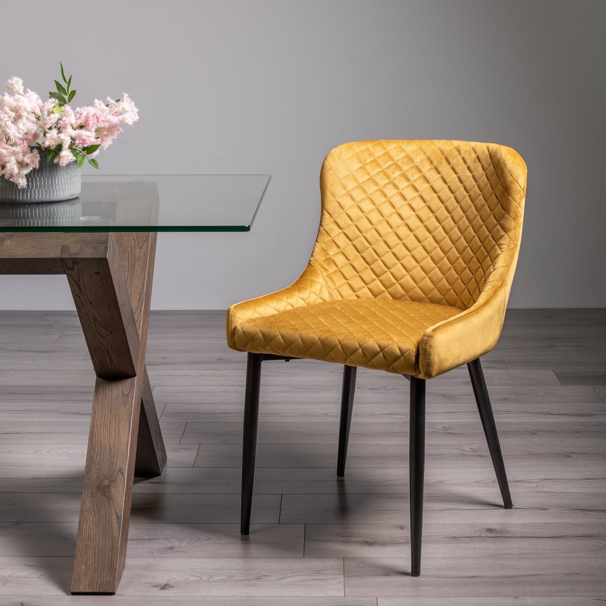 Cezanne Mustard Velvet Fabric Chairs with Black Legs