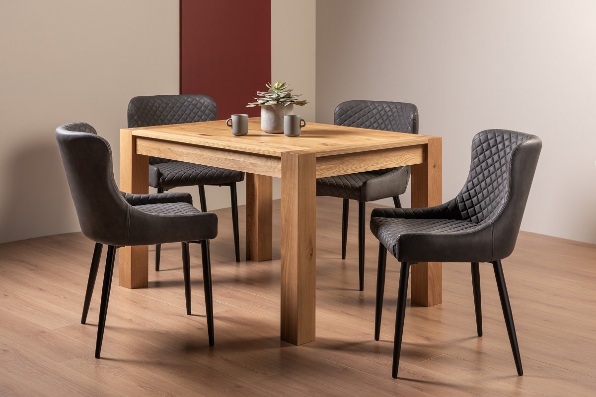 Blake Light Oak 4-6 Dining Table & 4 Cezanne Chairs in Dark Grey Faux Leather with Black Legs