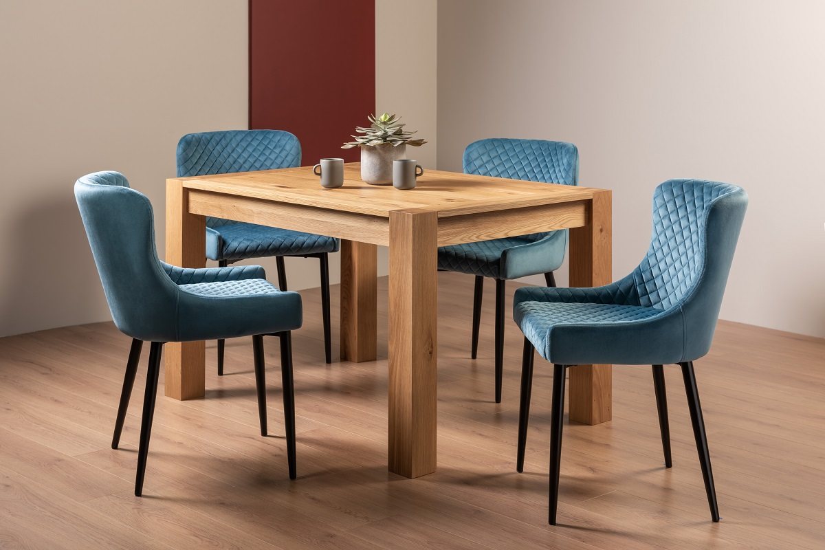 Blake Light Oak 4-6 Dining Table & 4 Cezanne Chairs in Petrol Blue Velvet Fabric with Black Legs