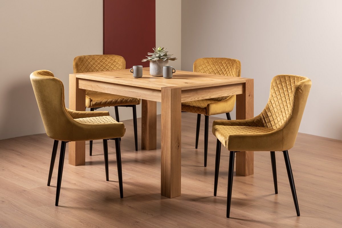 Blake Light Oak 4-6 Dining Table & 4 Cezanne Chairs in Mustard Velvet Fabric with Black Legs