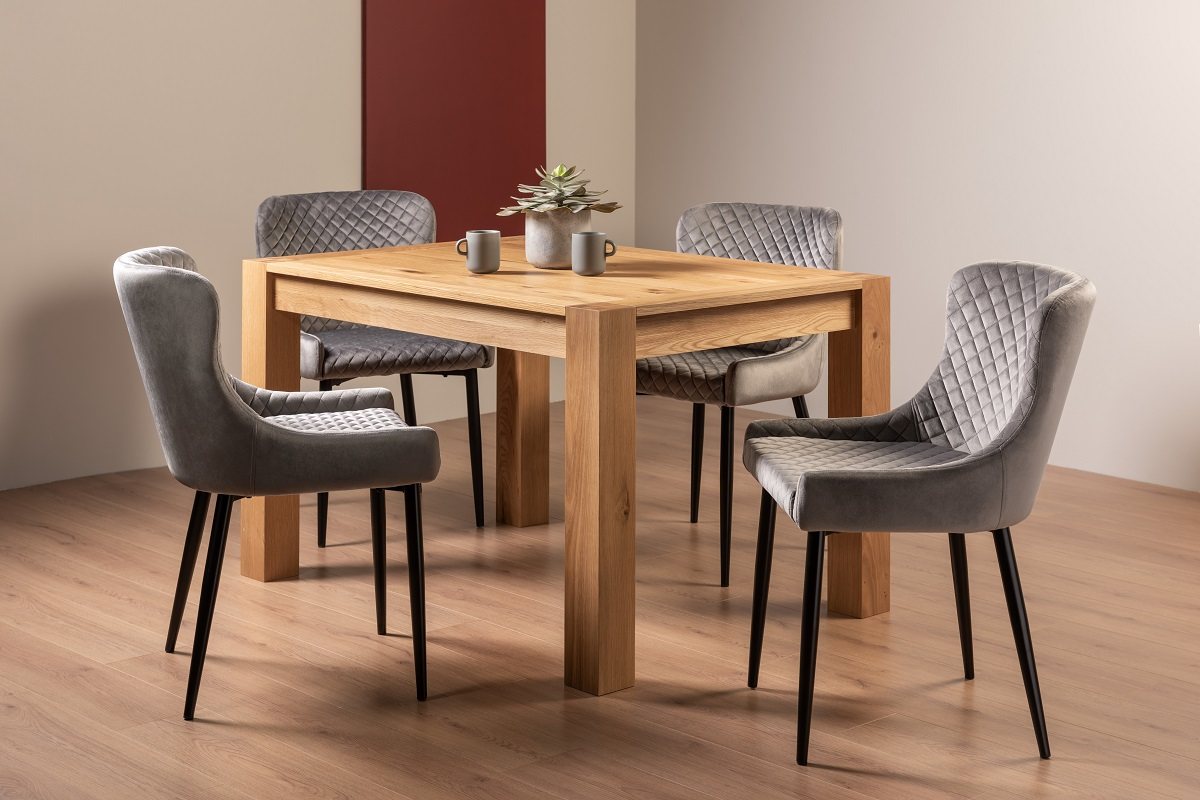 Blake Light Oak 4-6 Dining Table & 4 Cezanne Chairs in Grey Velvet Fabric with Black Legs