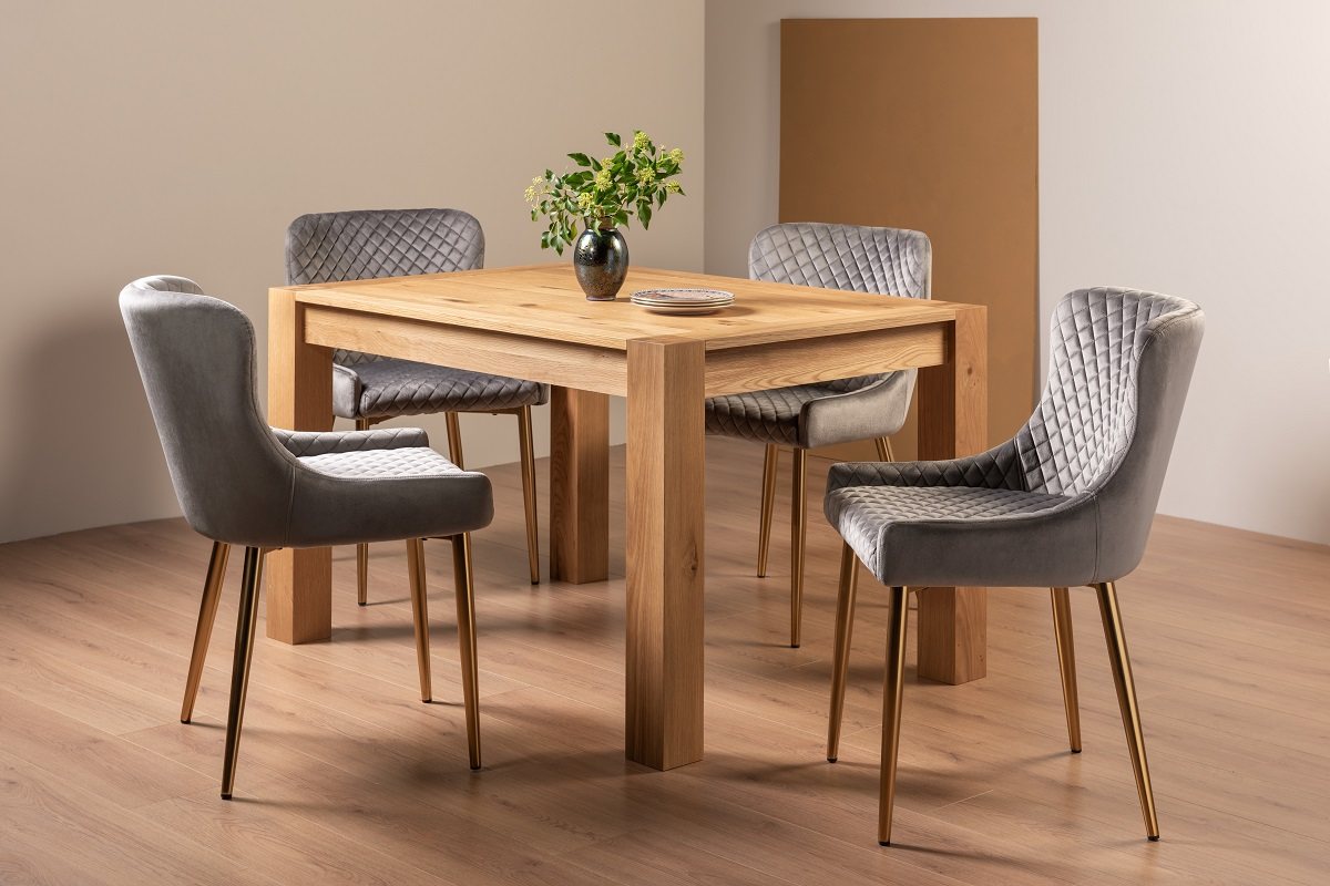 Blake Light Oak 4-6 Dining Table & 4 Cezanne Chairs in Grey Velvet Fabric with Gold Legs