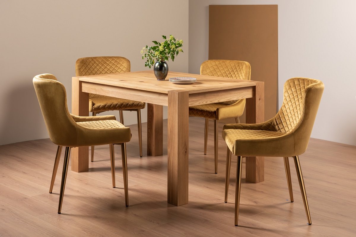 Blake Light Oak 4-6 Dining Table & 4 Cezanne Chairs in Mustard Velvet Fabric with Gold Legs