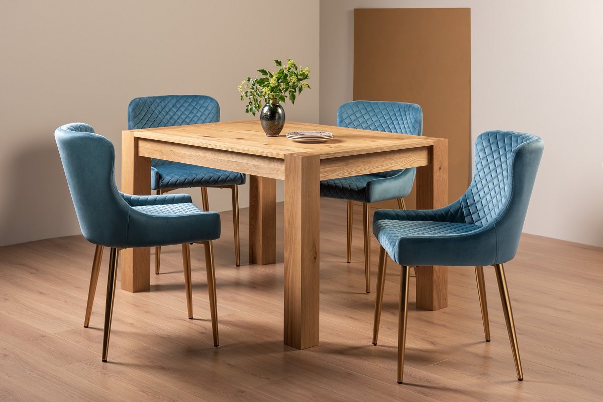 Blake Light Oak 4-6 Dining Table & 4 Cezanne Chairs in Petrol Blue Velvet Fabric with Gold Legs