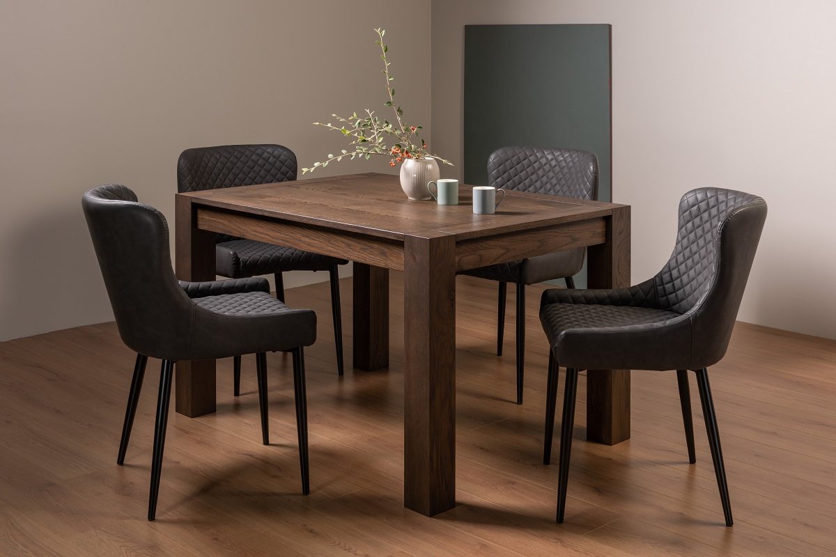 Blake Dark Oak 4-6 Dining Table & 4 Cezanne Chairs in Dark Grey Faux Leather with Black Legs