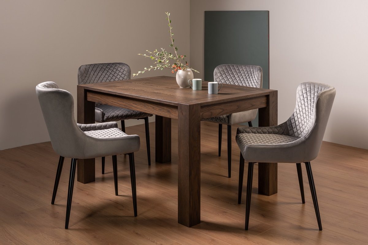 Blake Dark Oak 4-6 Dining Table & 4 Cezanne Chairs in Grey Velvet Fabric with Black Legs