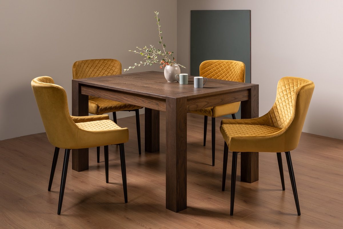 Blake Dark Oak 4-6 Dining Table & 4 Cezanne Chairs in Mustard Velvet Fabric with Black Legs