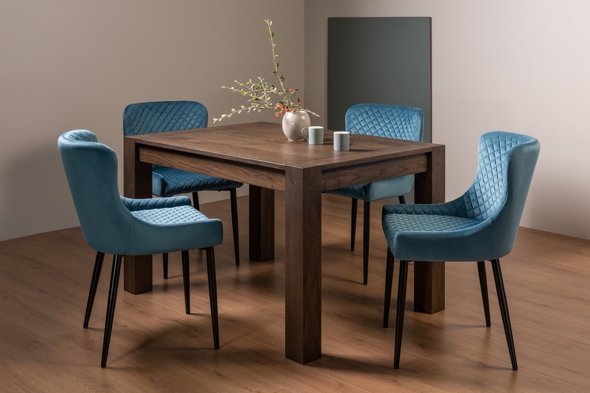 Blake Dark Oak 4-6 Dining Table & 4 Cezanne Chairs in Petrol Blue Velvet Fabric with Black Legs