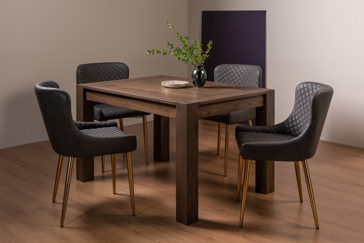 Blake Dark Oak 4-6 Dining Table & 4 Cezanne Chairs in Dark Grey Faux Leather with Gold Legs