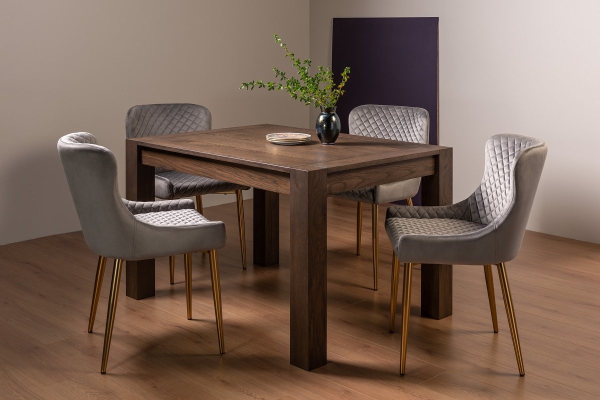 Blake Dark Oak 4-6 Dining Table & 4 Cezanne Chairs in Grey Velvet Fabric with Gold Legs
