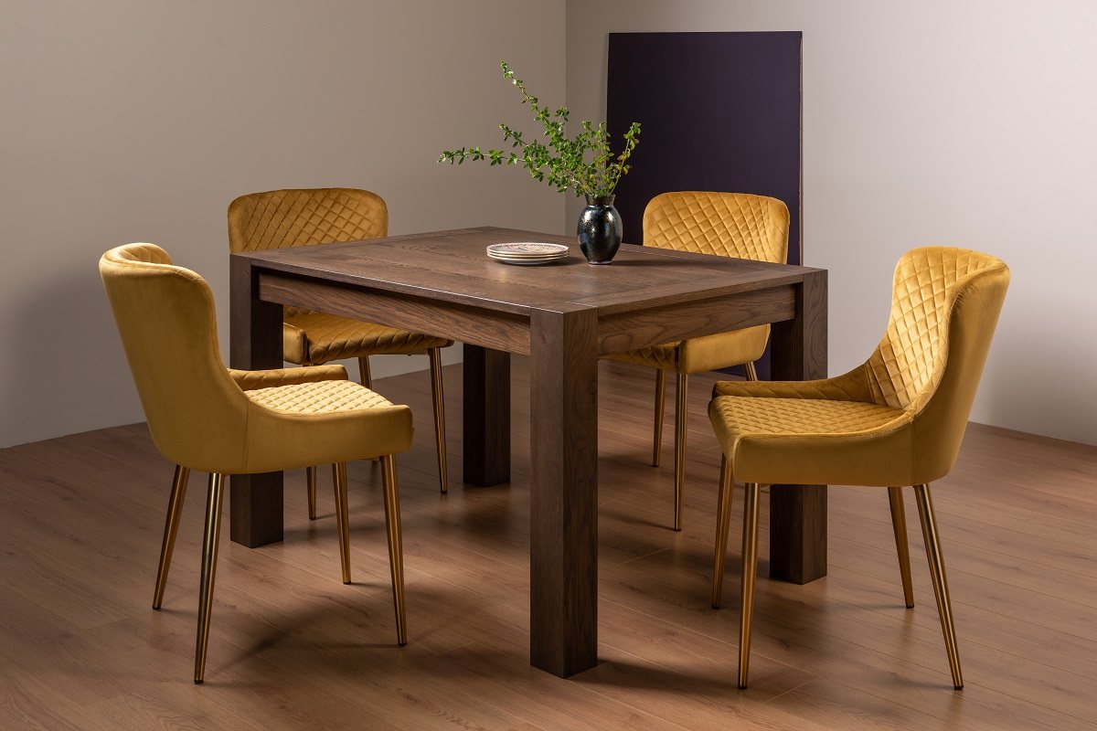 Blake Dark Oak 4-6 Dining Table & 4 Cezanne Chairs in Mustard Velvet Fabric with Gold Legs