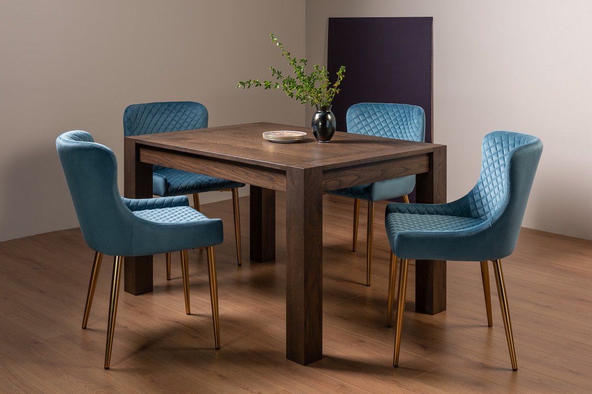 Blake Dark Oak 4-6 Dining Table & 4 Cezanne Chairs in Petrol Blue Velvet Fabric with Gold Legs