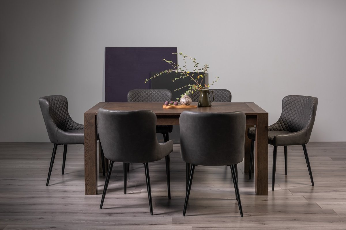 Blake Dark Oak 6-8 Dining Table & 6 Cezanne Chairs in Dark Grey Faux Leather with Black Legs