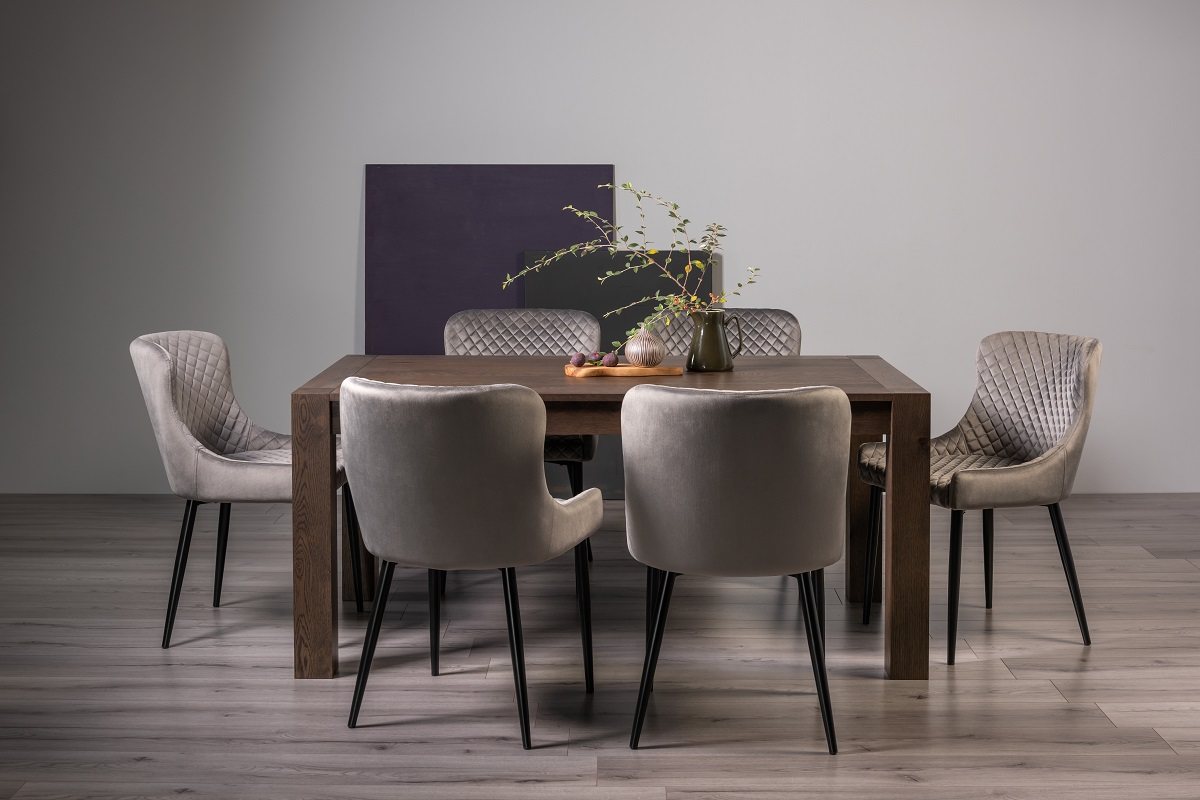 Blake Dark Oak 6-8 Dining Table & 6 Cezanne Chairs in Grey Velvet Fabric with Black Legs