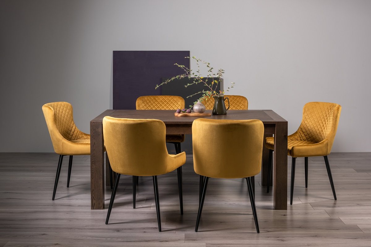 Blake Dark Oak 6-8 Dining Table & 6 Cezanne Chairs in Mustard Velvet Fabric with Black Legs