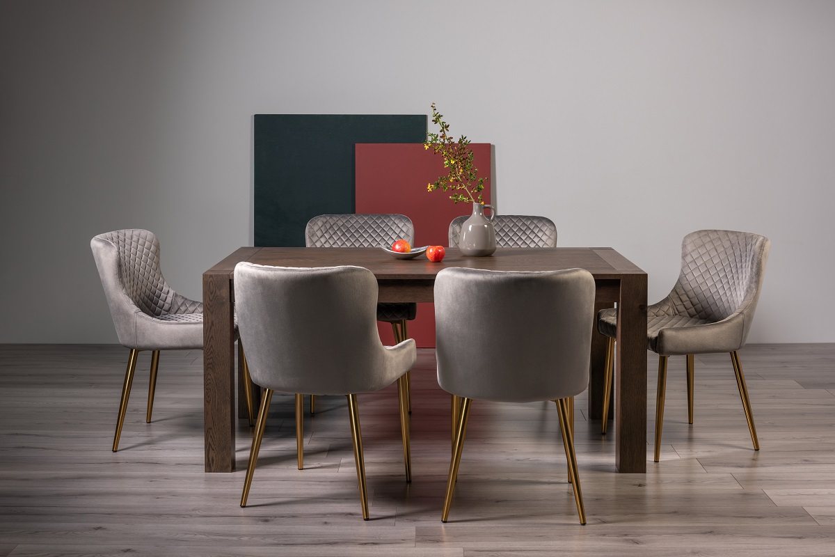 Blake Dark Oak 6-8 Dining Table & 6 Cezanne Chairs in Grey Velvet Fabric with Gold Legs