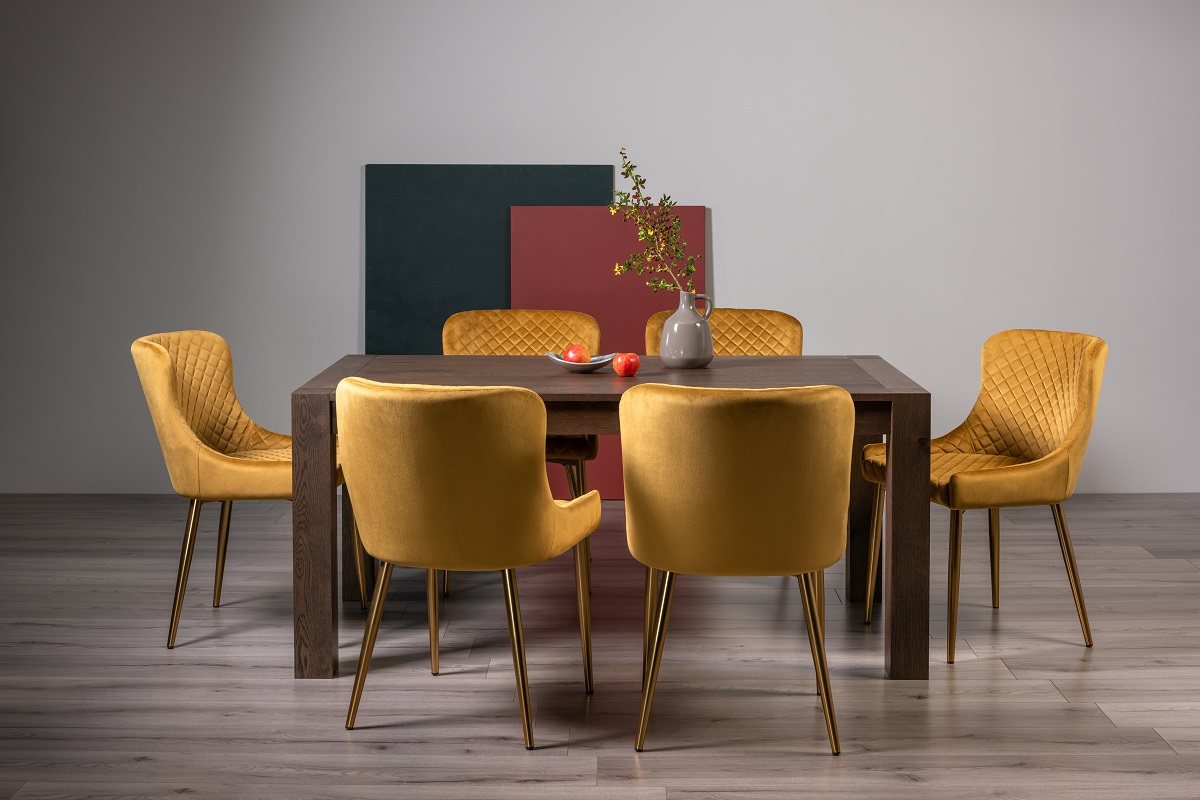 Blake Dark Oak 6-8 Dining Table & 6 Cezanne Chairs in Mustard Velvet Fabric with Gold Legs