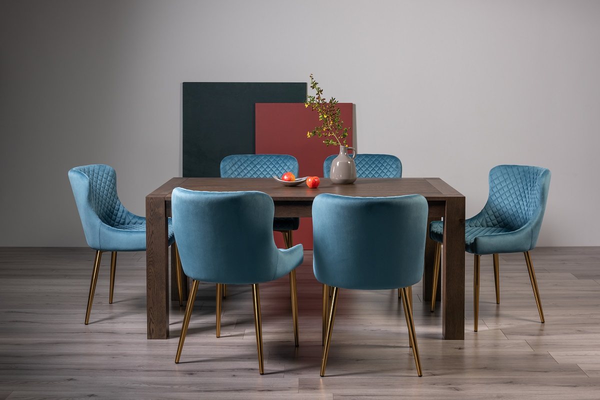 Blake Dark Oak 6-8 Dining Table & 6 Cezanne Chairs in Petrol Blue Velvet Fabric with Gold Legs