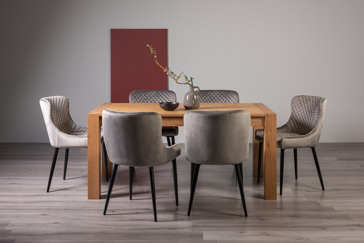 Blake Light Oak 6-8 Dining Table & 6 Cezanne Chairs in Grey Velvet Fabric with Black Legs