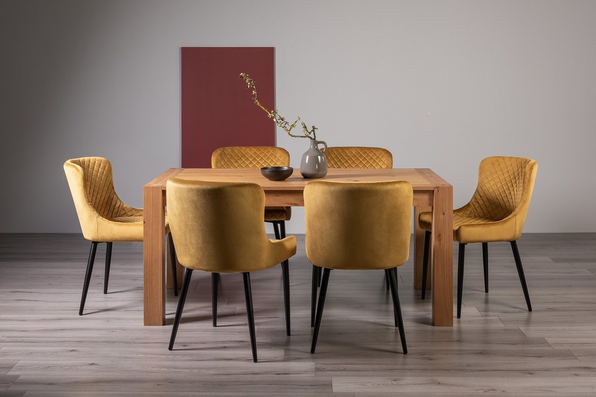 Blake Light Oak 6-8 Dining Table & 6 Cezanne Chairs in Mustard Velvet Fabric with Black Legs