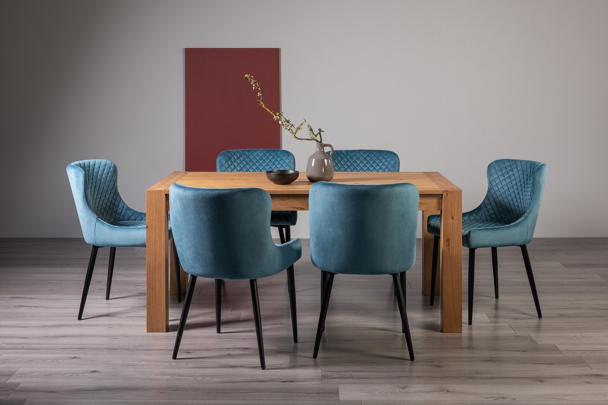 Blake Light Oak 6-8 Dining Table & 6 Cezanne Chairs in Petrol Blue Velvet Fabric with Black Legs