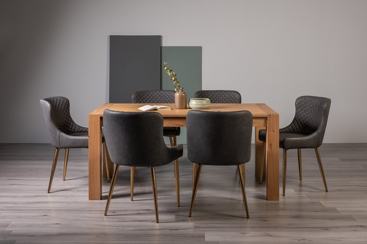Blake Light Oak 6-8 Dining Table & 6 Cezanne Chairs in Dark Grey Faux Leather with Gold Legs