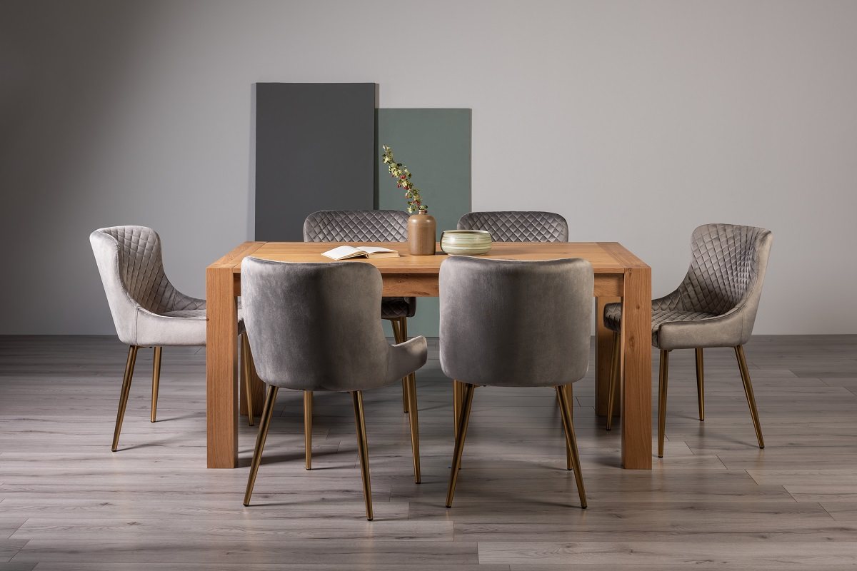 Blake Light Oak 6-8 Dining Table & 6 Cezanne Chairs in Grey Velvet Fabric with Gold Legs