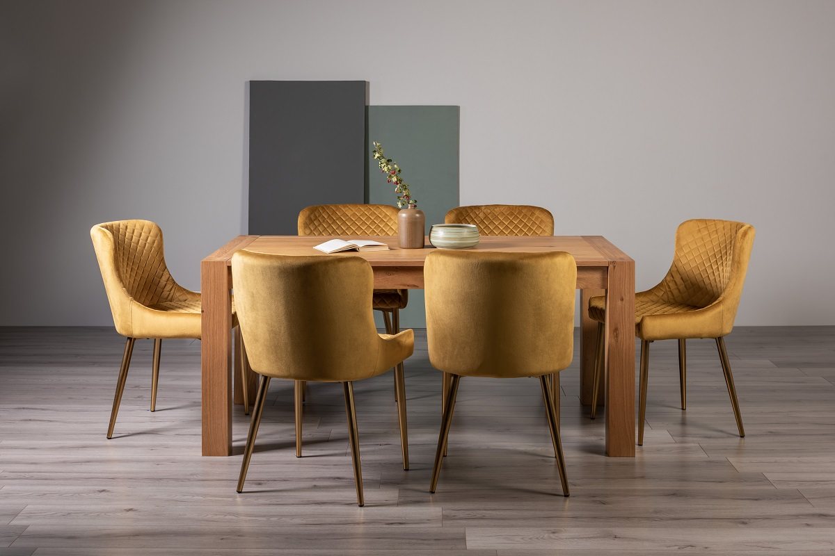 Blake Light Oak 6-8 Dining Table & 6 Cezanne Chairs in Mustard Velvet Fabric with Gold Legs