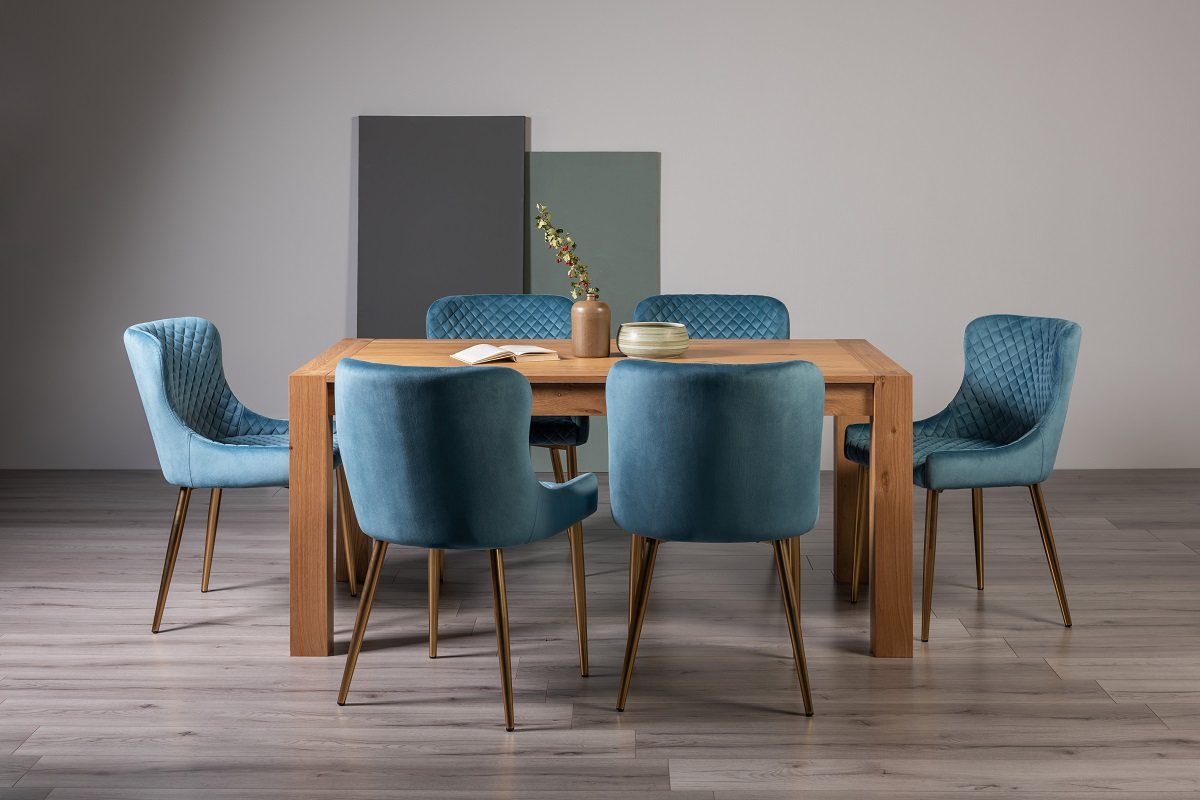 Blake Light Oak 6-8 Dining Table & 6 Cezanne Chairs in Petrol Blue Velvet Fabric with Gold Legs