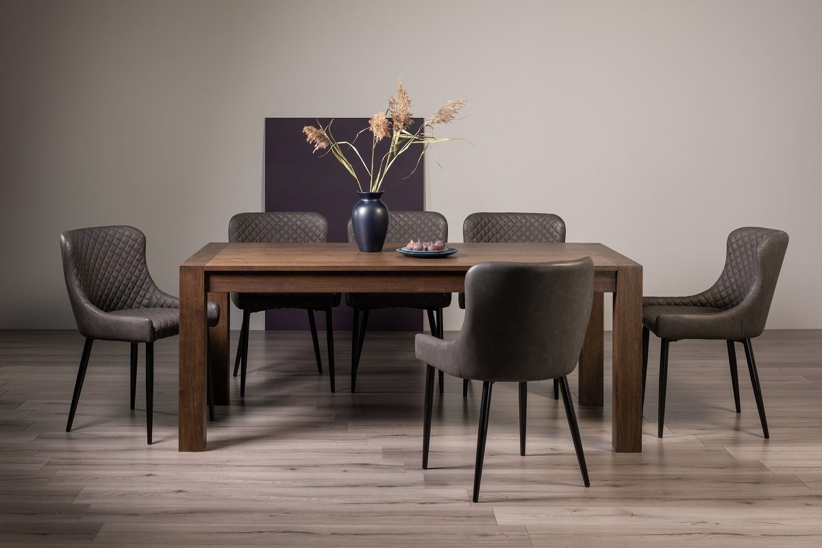 Blake Dark Oak 8-10 Dining Table & 8 Cezanne Chairs in Dark Grey Faux Leather with Black Legs