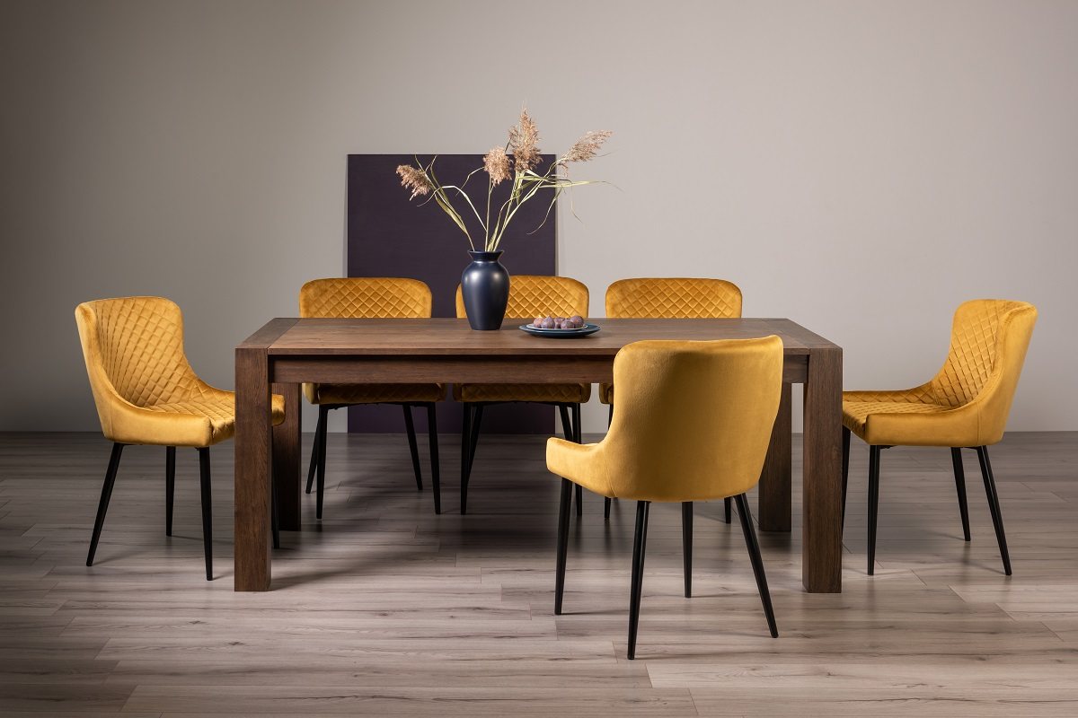 Blake Dark Oak 8-10 Dining Table & 8 Cezanne Chairs in Mustard Velvet Fabric with Black Legs