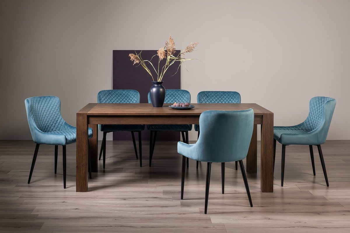 Blake Dark Oak 8-10 Dining Table & 8 Cezanne Chairs in Petrol Blue Velvet Fabric with Black Legs