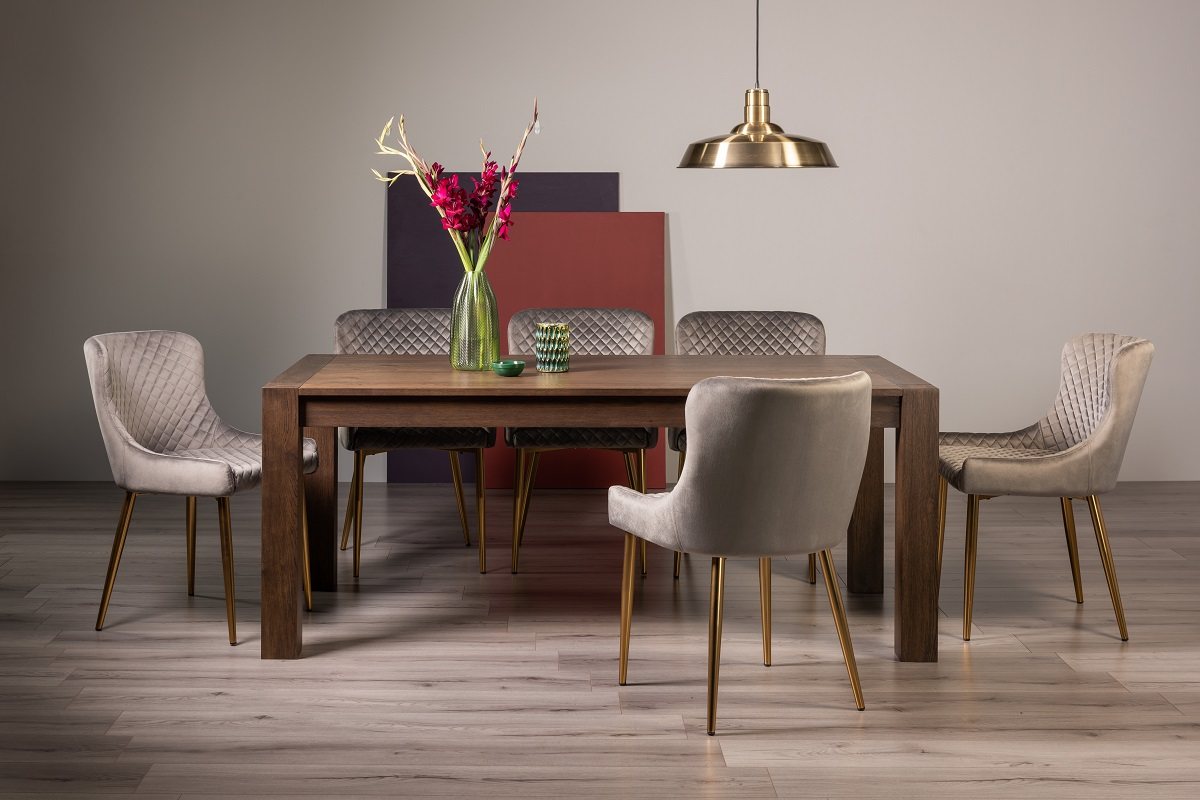 Blake Dark Oak 8-10 Dining Table & 8 Cezanne Chairs in Grey Velvet Fabric with Gold Legs