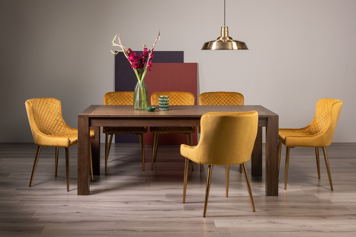 Blake Dark Oak 8-10 Dining Table & 8 Cezanne Chairs in Mustard Velvet Fabric with Gold Legs