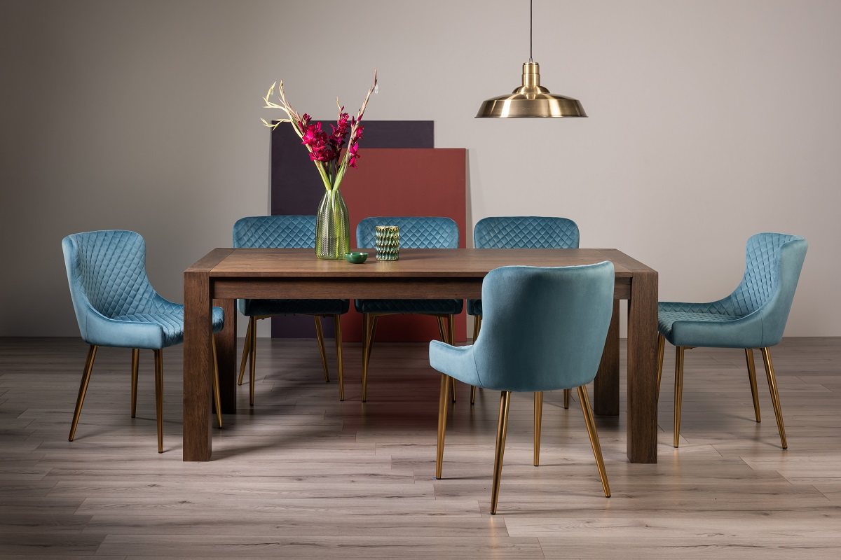 Blake Dark Oak 8-10 Dining Table & 8 Cezanne Chairs in Petrol Blue Velvet Fabric with Gold Legs