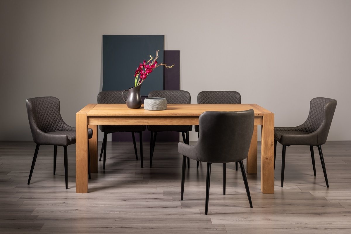 Blake Light Oak 8-10 Dining Table & 8 Cezanne Chairs in Dark Grey Faux Leather with Black Legs